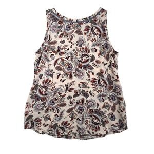 LOFT Women Small Paisley Sleeveless Blouse Back Tie Keyhole Top Mauve Rust